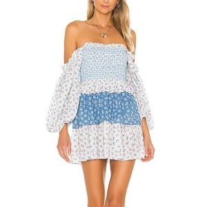 LoveShackFancy White Blue Floral Shaw Dress Size XS